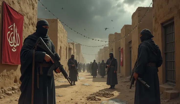 A  somber and tense scene in a barren, war-torn village under an oppressive regime. Armed enforcers stand prominently in traditional attire, holding weapons and overseeing compliance with strict laws. Symbols of authority, like banners with Islamic script,...