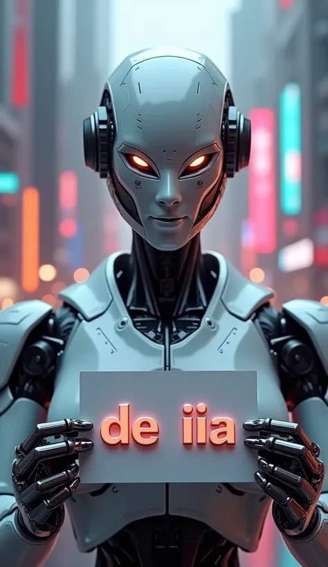 the close up of a humanoid robot holding a card written: "ARTES DE IA" with metallic fonts, a futuristic city background.