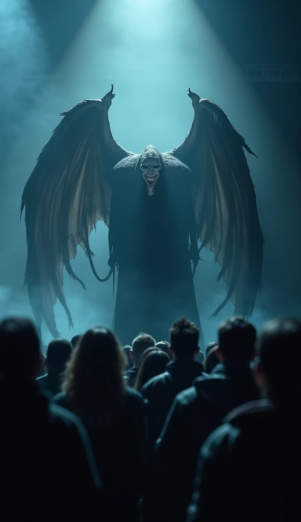 In the center of a stage lit by silver and dark blue spotlights, a terrifying figure emerges. Its body is shrouded in undulating shadows, and enormous wings, made of a dark, translucent substance, extend from its back. The creatures face is pale, with comp...