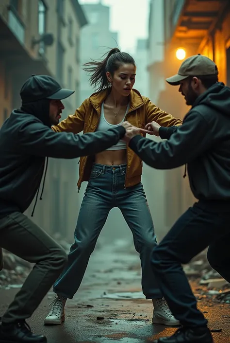 A young woman dressed in casual streetwear fiercely fighting off three men in an urban alleyway at night. The scene is gritty and realistic, with dynamic action poses, intense expressions, and dramatic lighting from a nearby streetlamp. 