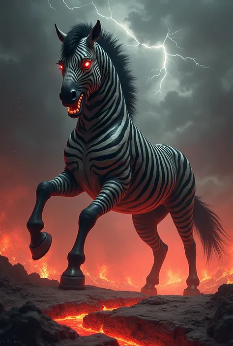 Design a terrifying hybrid creature combining the features of a horse and a zebra into a single, monstrous entity. This creature has the powerful, muscular body of a horse with a mane streaked in black and white stripes, blending seamlessly into a zebras p...