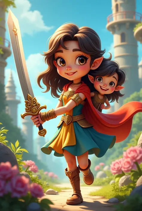 Cartoon image of princess with sword carrying and daredevil 