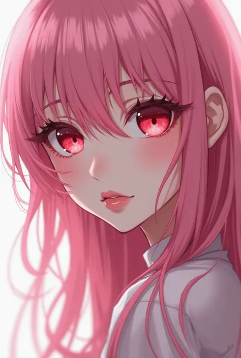 Red-eyed pink-haired anime woman