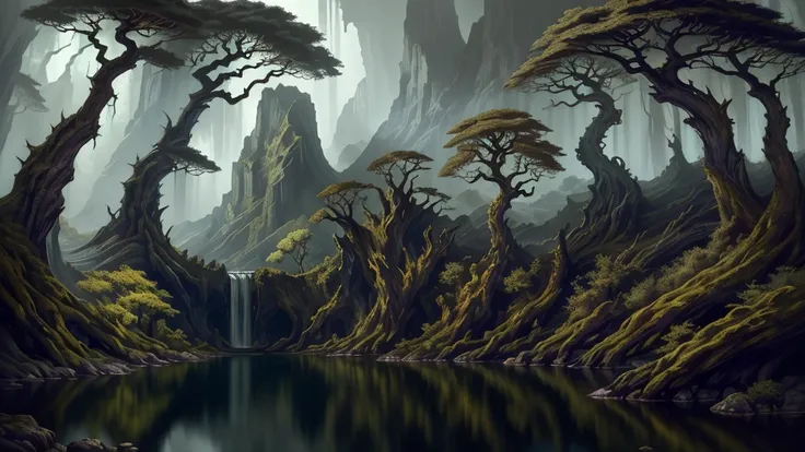 night forest, gloomy, scary, dramatic,  dry scaled branchy trees, dragon tail trees ,  clear lakes closer to the center ,  reflections in water, cliff, waterfall, (high dorsal crest of fish on the water). (masterpiece),( of the highest quality),( high deta...