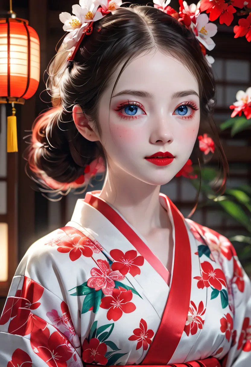 a beautiful pale-skinned girl in a yukata, detailed eyes, red lips, close-up portrait, best quality, 4k, 8k, highres, masterpiec...