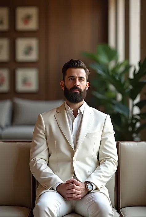  Young man wearing white tea with well-dressed beard, sitting in a waiting room .