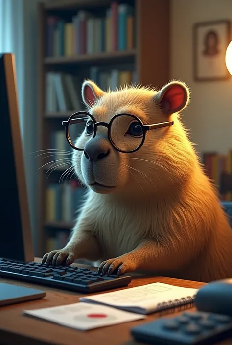 A capybara programming a code on the computer with glasses 