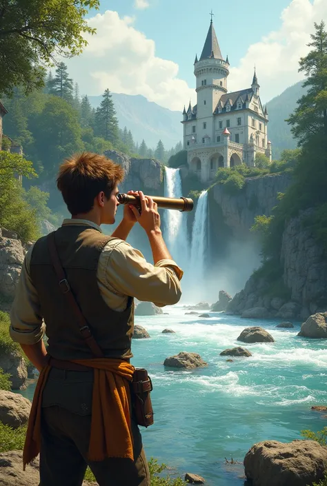 Brown hair brown eyed handsome 20 year old male in peasant clothes looking at a White Castle from across a river with a waterfall using a telescope 