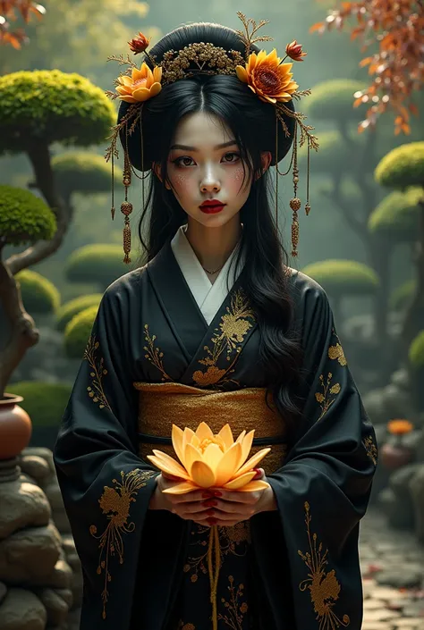 A beautiful Gothic geisha ,beautiful eyes, her black and gold kimono, with a golden Lotus flower in her hands . in a beautiful Japanese garden enchanted with bonsai  