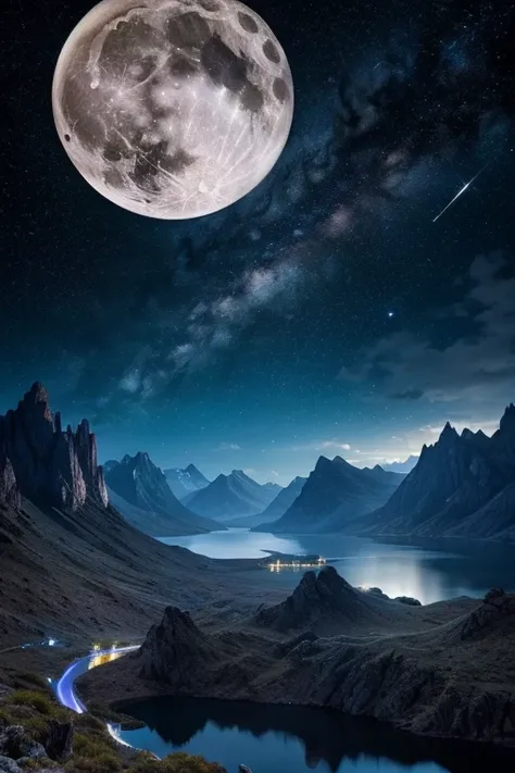 「 in a fantastic night landscape 、 Please draw a scene where a dragon with white fur is flying before the full moon。Rugged mountains in the background々 and a quiet lake spreading out 、Stars in the night sky々You can see the Milky Way 。 Please give it an ove...