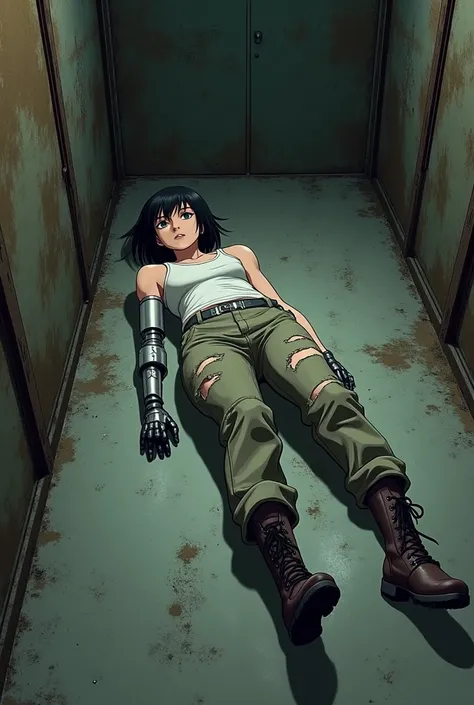  Gally from the manga Gunnm lying on the floor with short hair wearing torn canvas pants