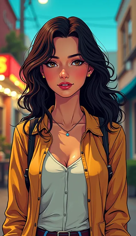 DISCREET image. with discreet casual clothes. image adult woman, american, comic book style. DISTRACTED LOOK. with a discreet smile. IMAGES WITH VIBRANT COLORS.