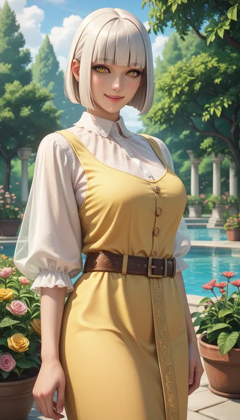 (masterpiece, best quality, absurdres, 4k, aesthetic, detailed, intricate),outside,garden,1girl,big booty,looking at viewer, yellow yamatosuit, belt,slight smile,bob cut,blunt bangs,white hair  