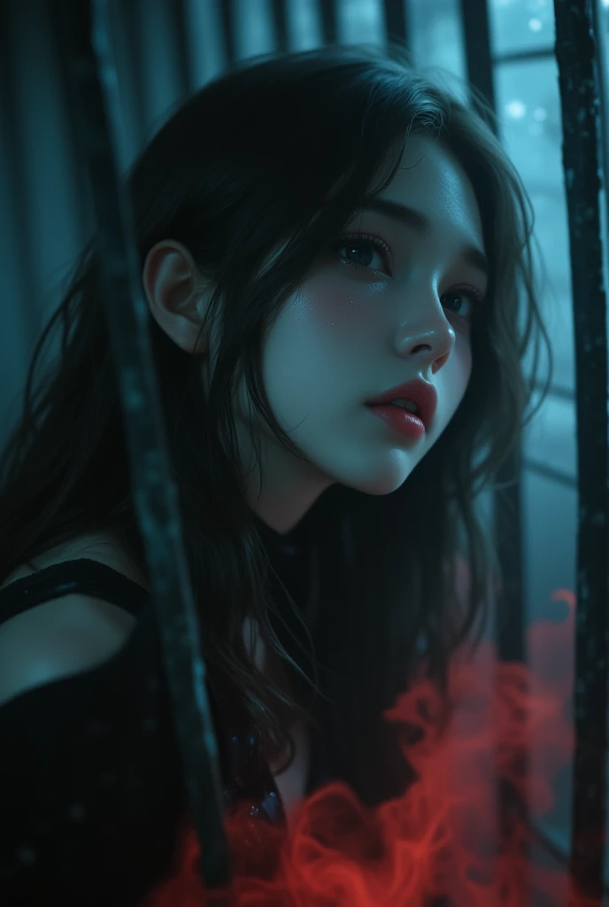 (最 High Quality ,  high definition , Realistic:1.37),  Detailed Eyes and Faces ,  beautiful lips,  girl sitting in an iron lattice jail , Gloomy atmosphere, Melancholic expression, dim lighting, Black and White Photography, Cool colors, despair, separation...