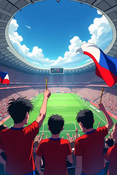 Soccer stadium like anime full of Chilean flags  