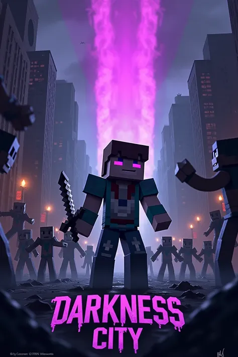 A Minecraft poster 
A zombie apocalypse city and a hero where zombies fight and dark purple portals in the sky
And the title is DARKNESS CITY and more action and dark