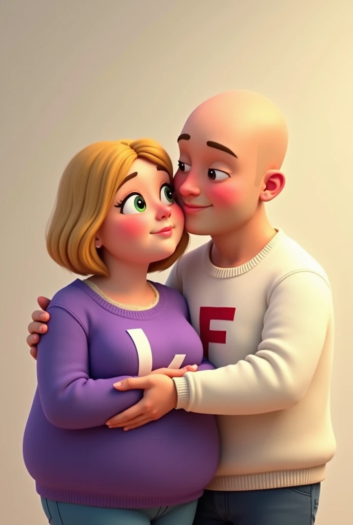 couple tender obese woman ,  short blonde hair with green eyes wearing purple sweater with letter L and slim man, Bald guy with white sweater and letter F animated and cute characters 