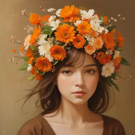  A woman with a flower on her head is an acrylic painting, In Lucy Glendinning style, , Organic and naturalistic composition , Floral Explosion, Ferris Pick, Light orange and brown, Calm face --ar 3:4 -