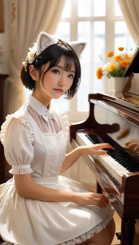 A asian girl sitting down, playing the piano, in an 8K masterpiece:1.2, ultra-detailed , cat head ears, short hair, (faint smile), 