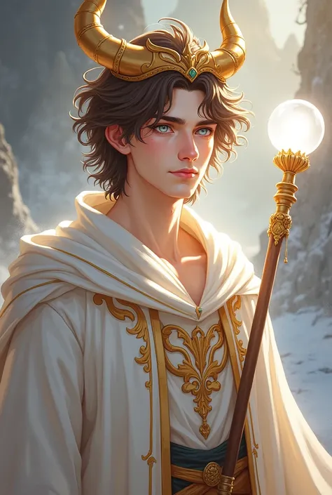 The 23-year-old man has wavy brown hair and is 2 meters tall. He has pale skin, bright white eyes, and a crown with a beautiful new horned headdress. He wears white robes with a golden design and his aura glows brightly in white. He has a staff with a brig...