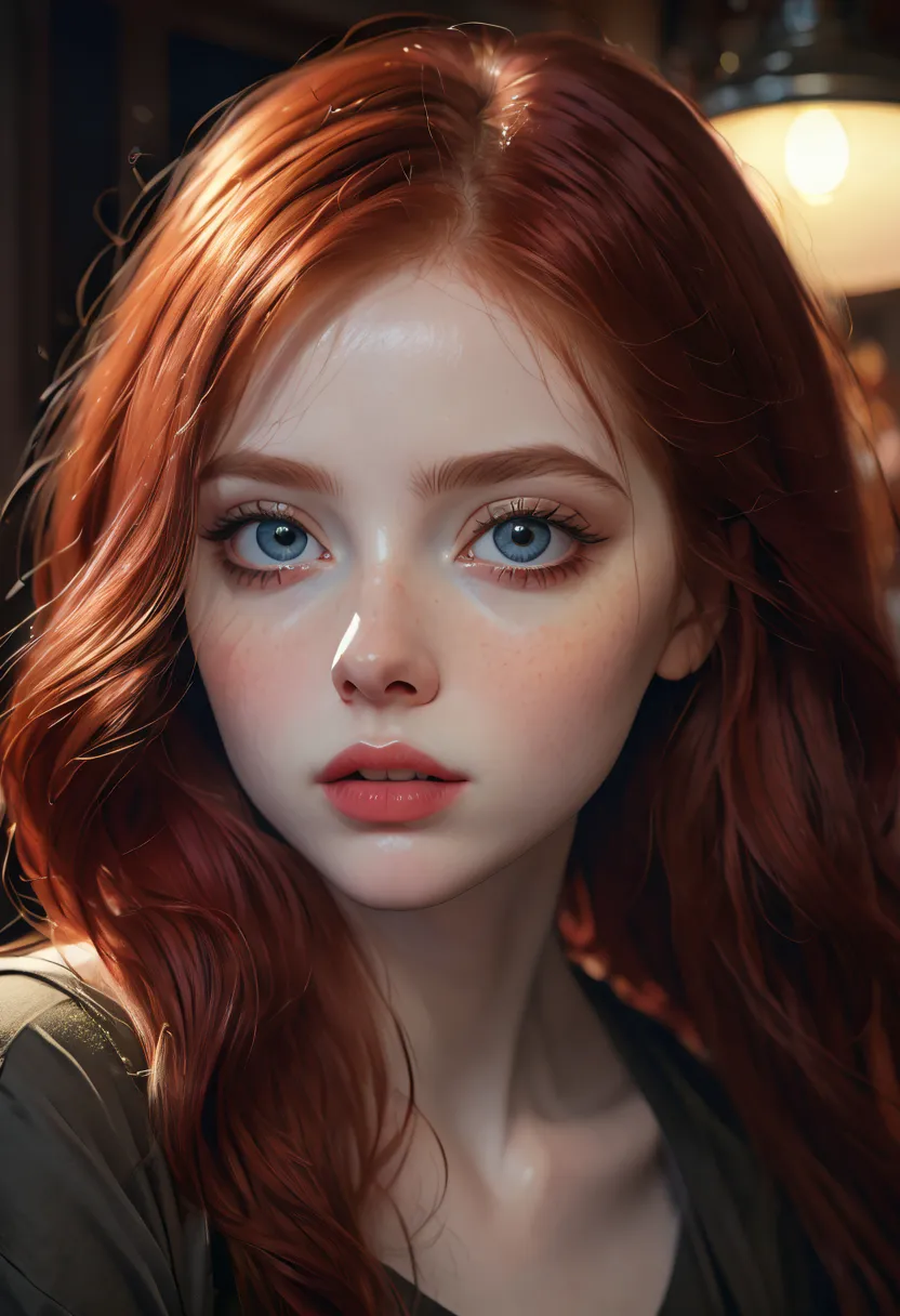 1girl, red hair, pale skin, large eyes, close up portrait, (best quality,4k,8k,highres,masterpiece:1.2),ultra-detailed,(realisti...