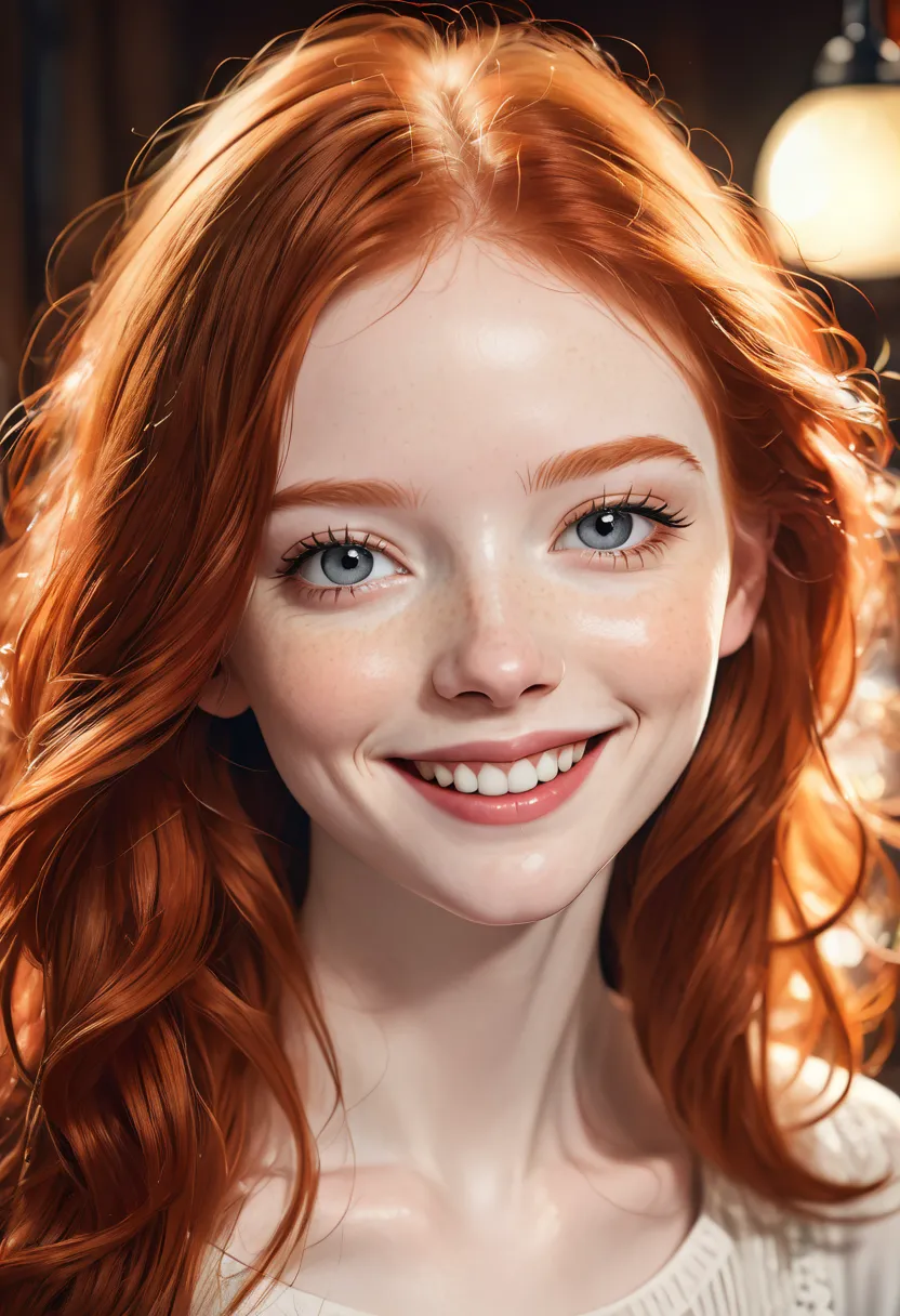 a beautiful redhead girl with pale skin, close up smiling portrait, incredibly detailed face, high quality portrait, photorealis...