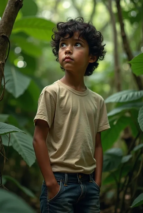 Close-up photo realistic photo of a ten-year-old white-skinned boy with black Venezuelan hair from the state of Guarico wearing denim shorts and beige t-shirt standing in a tropical jungle with a serious and focused look listening to his inner voice that a...