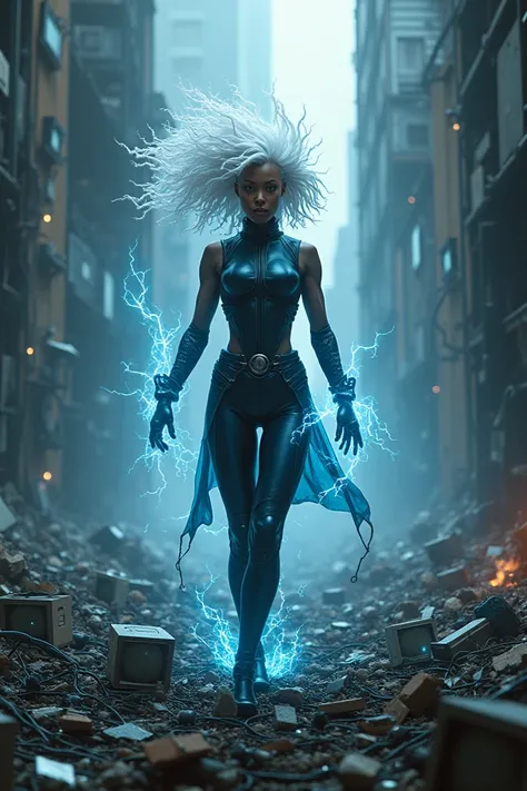 I want the heroine Strom from the Xmen with a background where you can see a lot of electronic waste 