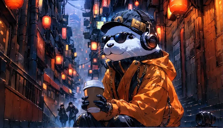 The otter, dressed in a hip-hop outfit with headphones and dark sunglasses, Wear a cap, has a cool expression as it sits on stairs, Holding a cup of coffee while gazing at the city of Tokyo