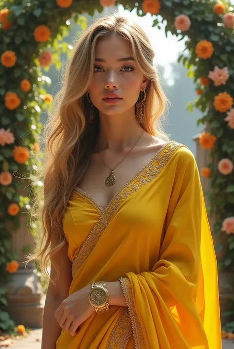 A beautiful girl in designing yellow saree and blonde hair colour in front of flowers gate zoom view realistic 