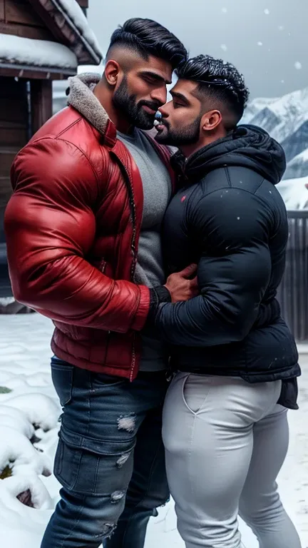 forcefully indian muscular daddy Arjun khanna gay couple hunk rough kissing, physically violence, snow flakes stuck in indian daddy beared and hair. perfect angel view, two indian beared daddy muscular hunk wih sexy lips weared snow sunglasses with fluffy ...