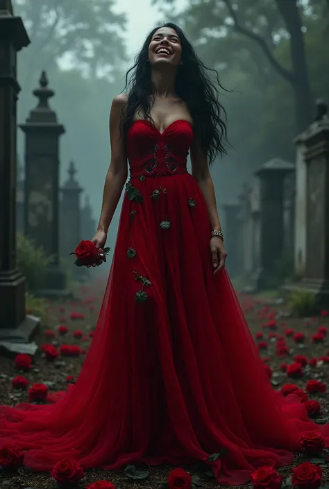 Umbanda entity Maria Padilha laughing red dress with black roses on the floor cigarette in hand at the cemetery white woman and black hair Umbanda entity Maria Padilha 