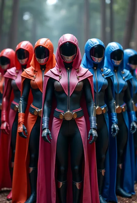 Power Rangers in full body head to toe NEW uniforms with cloaks and hoods each wearing a different color with a see thru helmet showing their faces. 