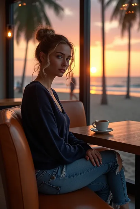  Portrait of a woman in a modern cafe 
" A sexy young woman with fair skin and blond hair , Trapped in a bun,  sitting on a bench at a modern cafe . woman in panties and bra.  The soft light of the coffee illuminates your face ,  highlighting your blue eye...