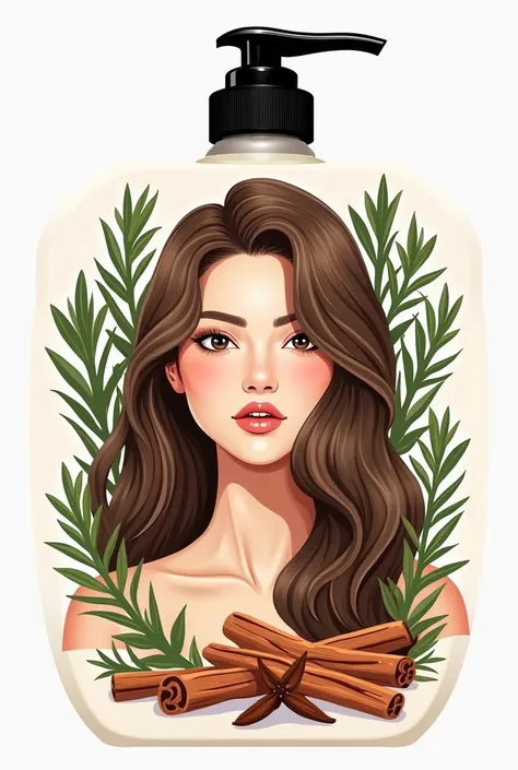 Shampoo label with the image of rosemary , Cinnamon and Clove modern design with a drawn girl with long hair by the name of ClearScalp