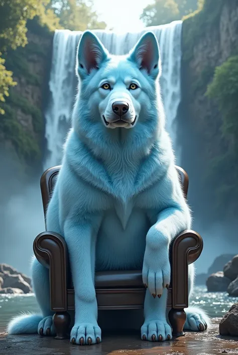 Baby blue dog is very big now sitting on a chair infront of a waterfall 