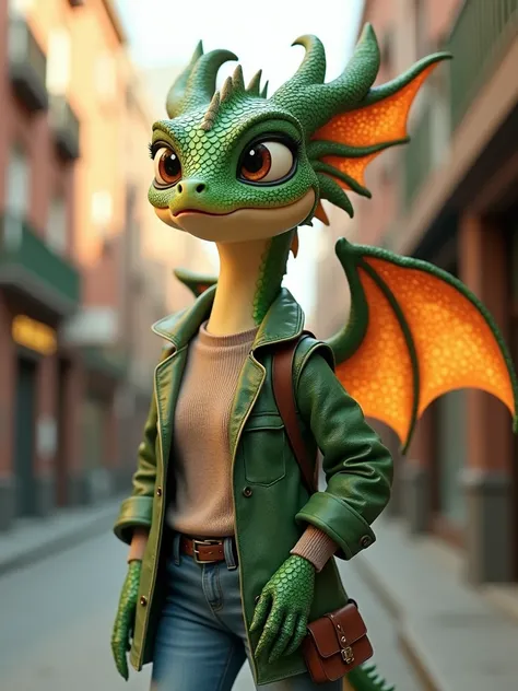 Create a striking Pixar-style 3D scene of a hybrid woman-dragon, blending human and dragon features seamlessly. She has elegant dragon scales shimmering in shades of emerald green and gold, with a pair of majestic, translucent wings folded behind her. She ...