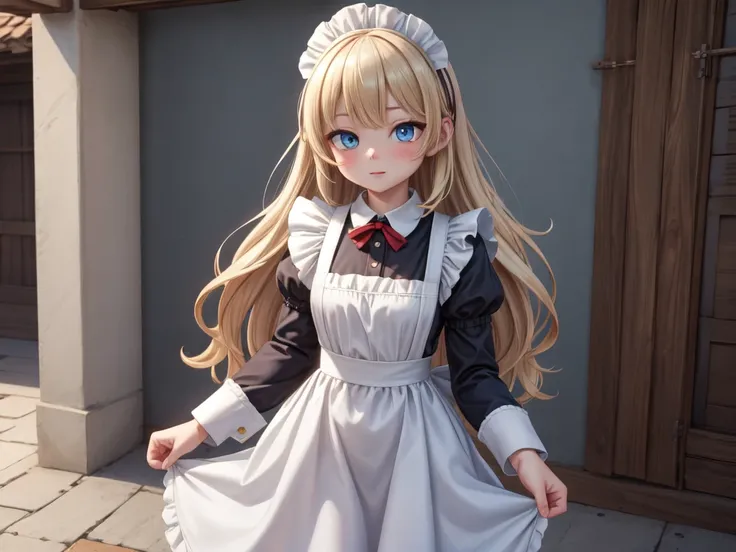 ((masterpiece)), (( best quality)), (( high definition )), (( detailed background)), (( Highly Detailed CG Unity 8K Wallpaper)), Alone, Shiona,  blonde hair , Long Hair,  blue eyes, Hair bundle,  COWBOY SHOOTING , Outdoor, (( maid clothes))