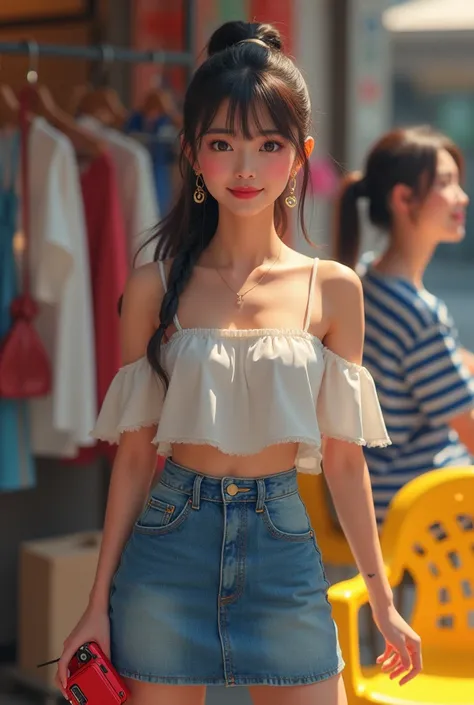 An Asian woman is standing on the ground. She is wearing an off-shoulder top with a spaghetti strap, revealing a casual but fashionable atmosphere. The back is exposed to reveal her style, and a deep denim skirt. Her long hair is tied into a ponytail, maki...