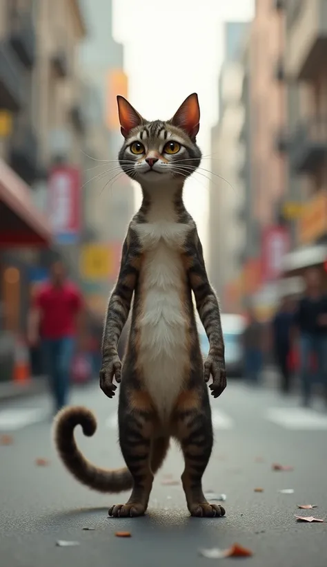 A cat，stand like a person，On the Street，No clothes