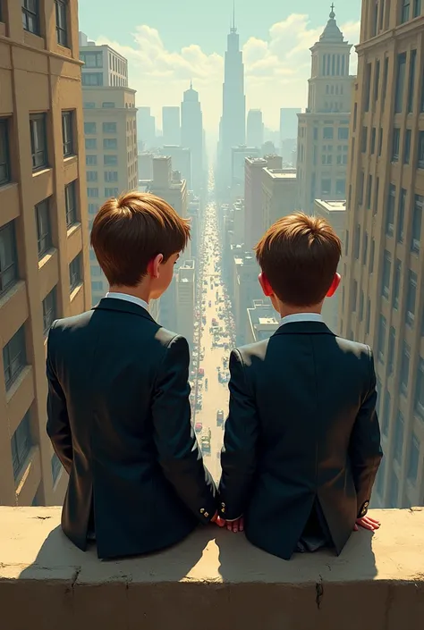 Create an image of 2 boys in suits sitting on the edge of a building talking about the birth of a baby that is taking place in a hospital room the building they are in is next to their hospital and do it in mangar style