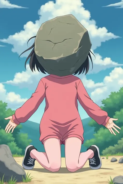 girl, anime, adolescent, light pink long stockings that reach the thigh, chompa rosa, white toe black shoes, kneeling, with a large rock replacing his head,  with arms outstretched ,  anime style