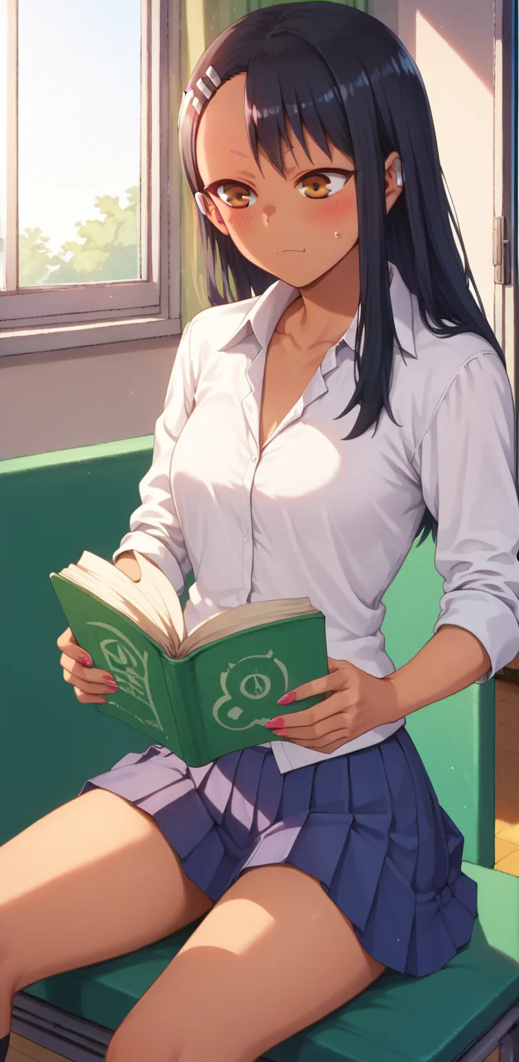 nagatoro san     :       dressed in school uniform, at the gym  . reading a book