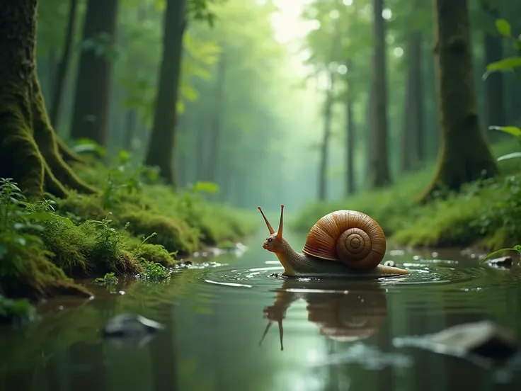 The Snail crosses the puddle in the forest with effort,  slipping but not giving up . •