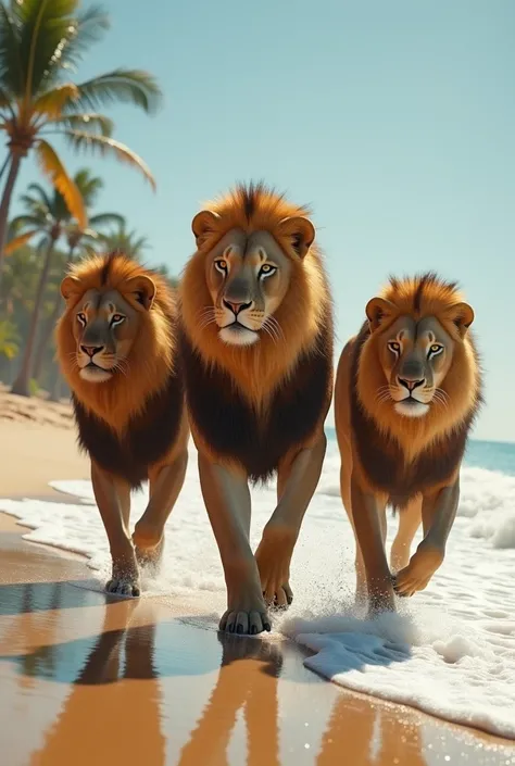 Three lion brothers with a very strong human body walking on the super realistic beach 