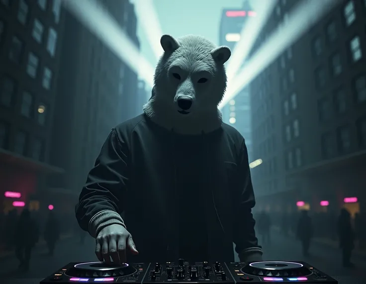 A guy wearing a polar bear mask with his hand on top of a cdj, with white rays coming out ,  the background of the image of a city is darker