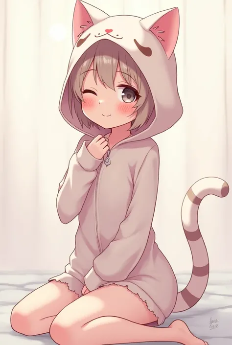 Femboy (boy that acts like a female), shy, cute, smiling, cat girl costume, blushing, naked