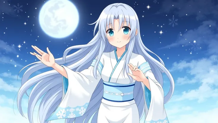  snow woman 1 girl 、「 Silver Hair」 long hair、Princess cut、 starry sky 　Full moon night　Demon power　smile　freeze、 make ice crystals from the palm of your hand、 detailed background with white knee-high 、Simple Japanese clothing、Light blue eyes、 cute、White ki...