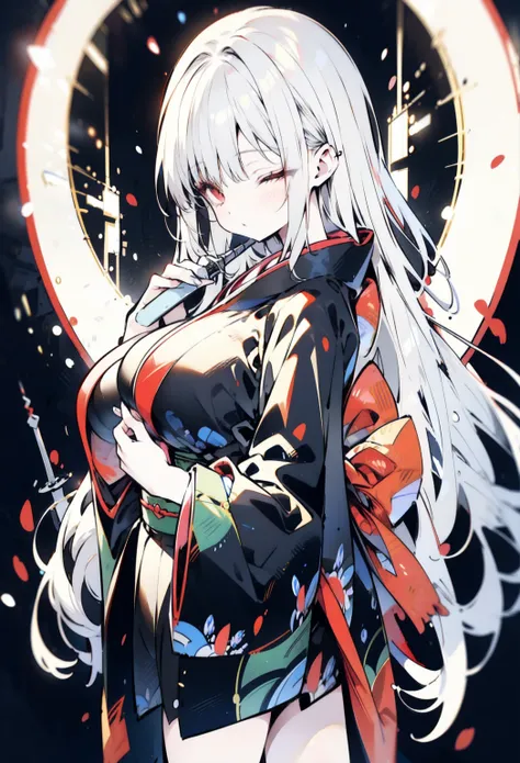 Black kimono hair long　smile,  
Red eyes,  very long hair,  close your mouth,  accessories with gray hair,  closed eyes, リボンヘア accessories with gray hair,  high definition , accurate,  best quality,  high definition model with a long spear,  textured skin,...