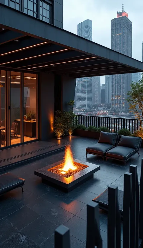 A secluded, futuristic patio inspired by Batman’s love for privacy and protection. The space is enclosed by black metal fencing with sharp, angular lines, ensuring a feeling of safety while allowing panoramic views of the city.

The flooring is made of mat...